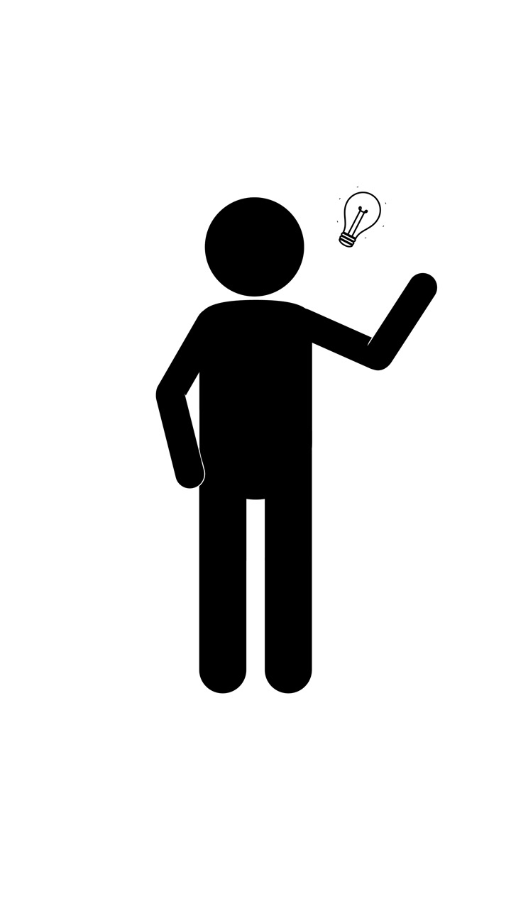 Un homme pictogramme noir réfléchit à un problème avant qu'une ampoule n'apparaisse au-dessus de sa tête