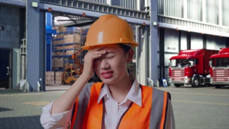 close up of asian female engineer with safety helmet having a headache while working, outside of logistics distributions warehouse