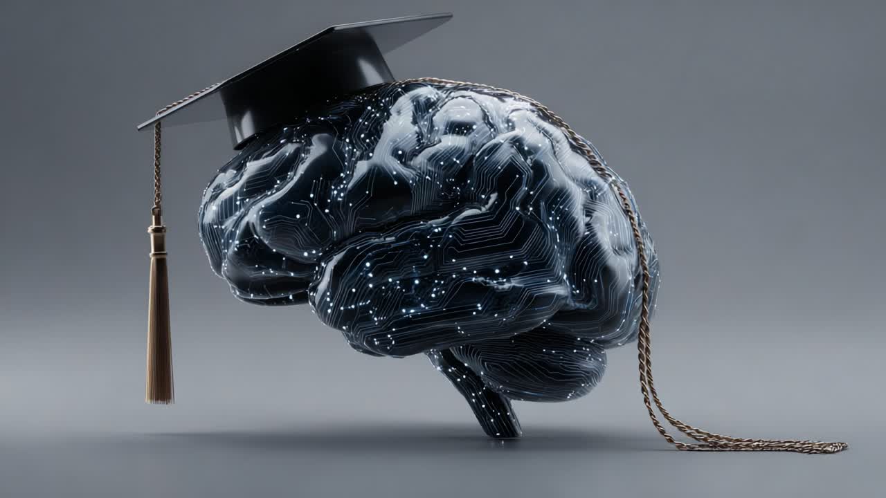 An Artistic Representation of a Brain Embodying Academic Achievement with a Graduation Cap and Sophisticated Digital Elements Signifying Knowledge and Innovation