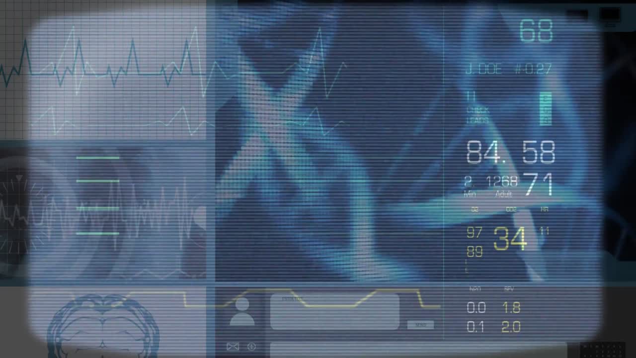 animación del cardiograma sobre cepas de adn en fondo azul