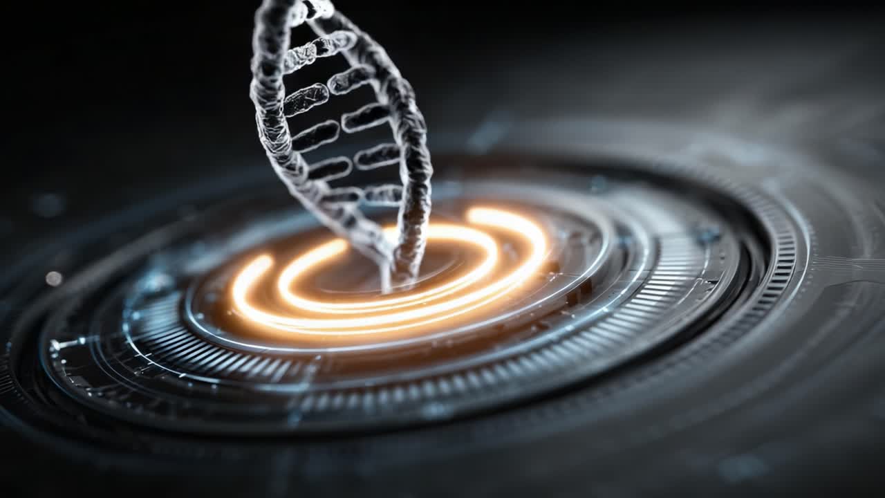 Exploring the Intricacies of DNA Structure Through a High-Tech Visualization, Showcasing the Double Helix Spinning Above a Pulsating Circular Base