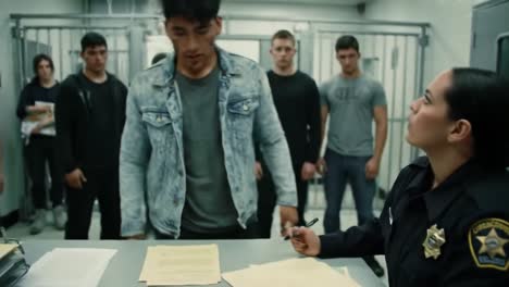 a group of young adults stands in a stark room while a law enforcement officer takes notes. tension fills the air as they confront their situation, highlighting themes of responsibility and justice.