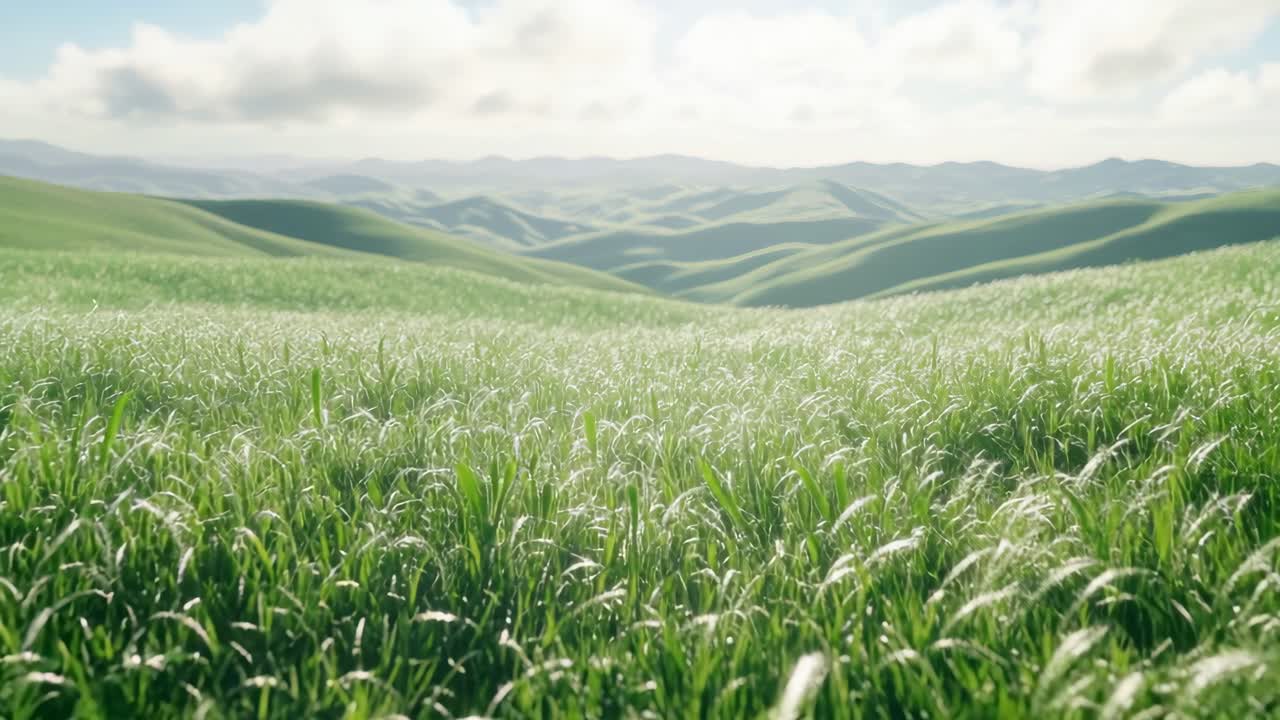 明るい空の下、豊かな緑の丘が広がる穏やかな風景動画。