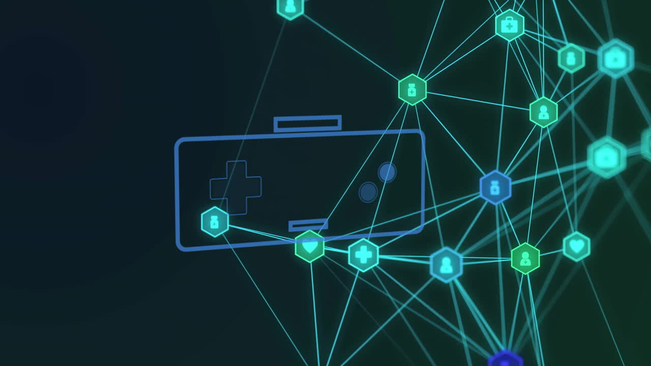 Animation of network of connections with icons over gamepad