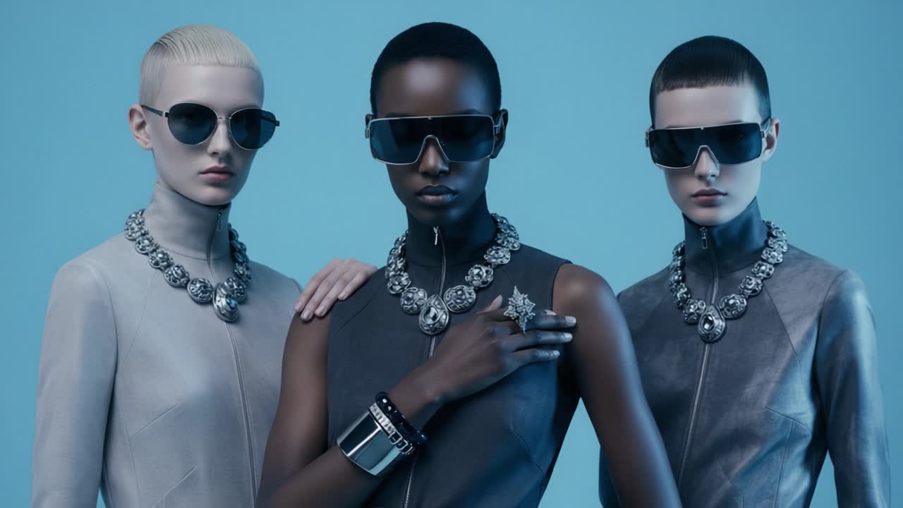 Elegant modetrio, der viser moderne stil og tilbehør mod en blød blå baggrund med karakteristiske solbriller og fantastiske halskæder.