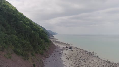 Aerial-wide-tracking-forward-alongside-a-prehistoric-looking-forest-cliff