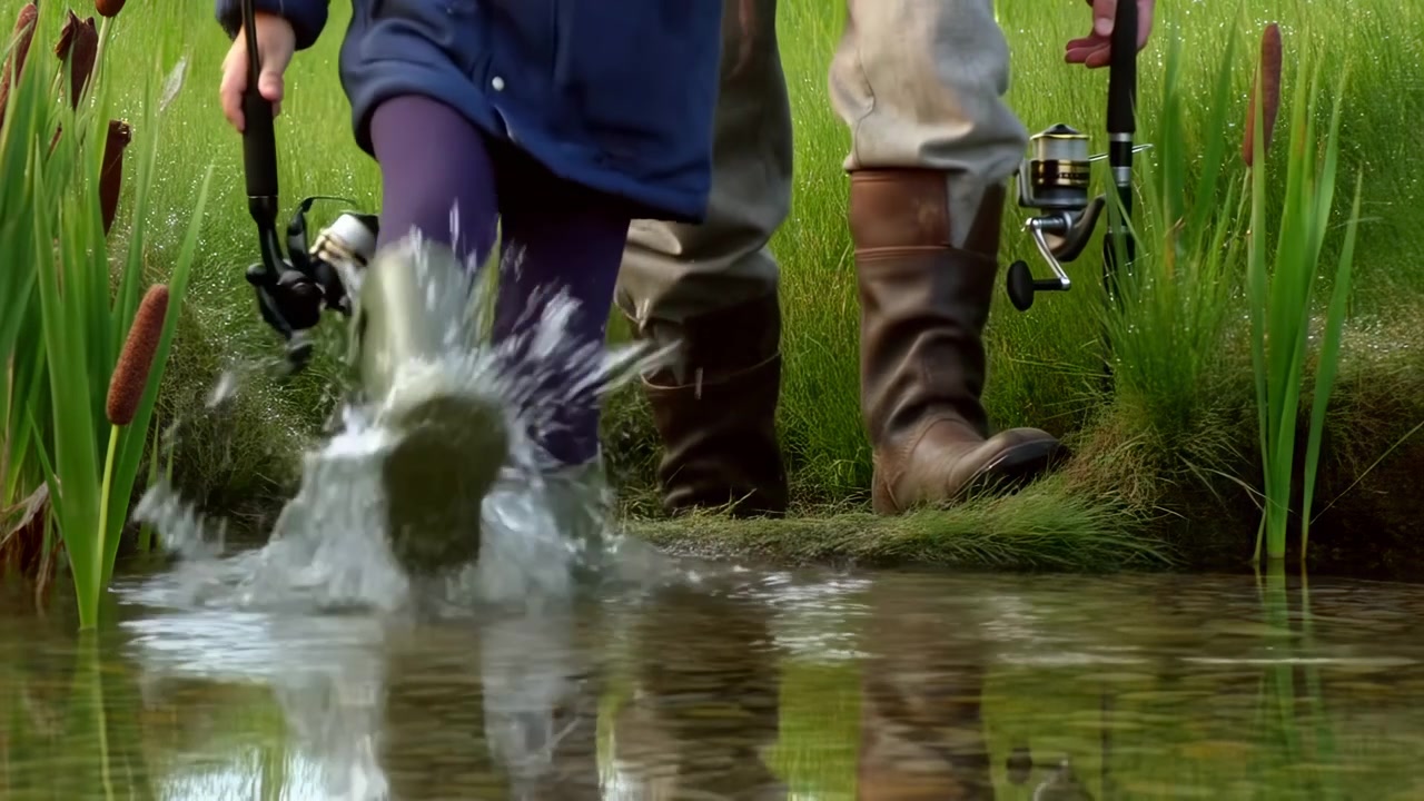 Lower-body view follows two figures wading at pond edge as boots disturb calm water near cattails, with fishing gear visible and bright greenery reflected across surface.
