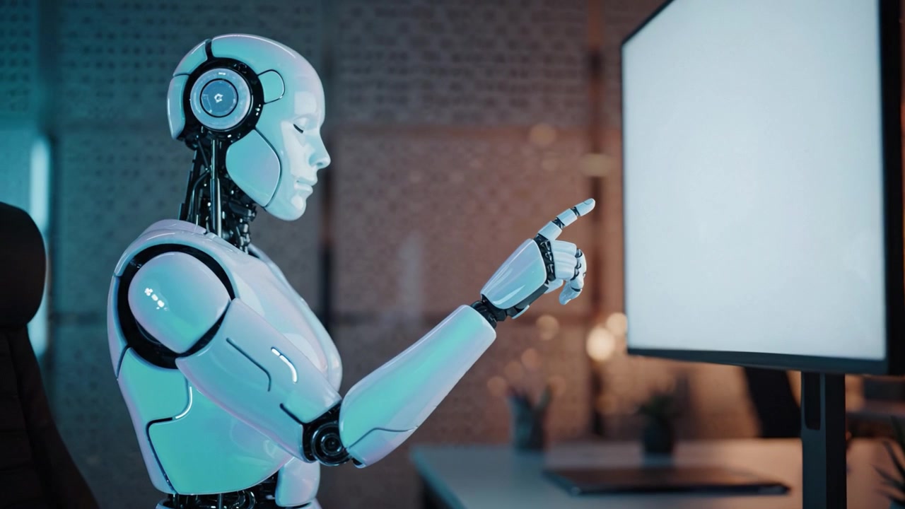 Un robot futuristico che interagisce con la tecnologia, indicando uno schermo in un ambiente di lavoro moderno, evidenziando i progressi nell'IA e nell'interazione uomo-robot