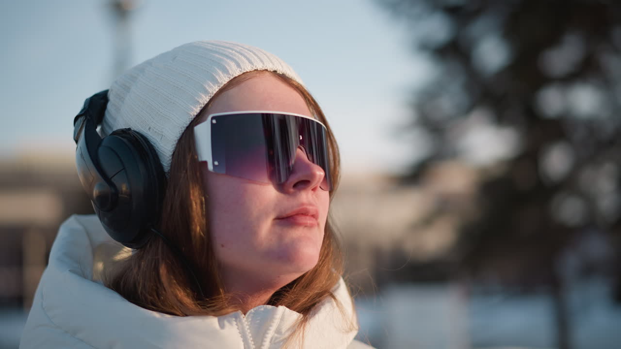 Close up student wearing white beanie and wired headphones listening to music outdoors under warm sunlight bobbing head to rhythm against soft bokeh background with subtle lens flare and serene mood