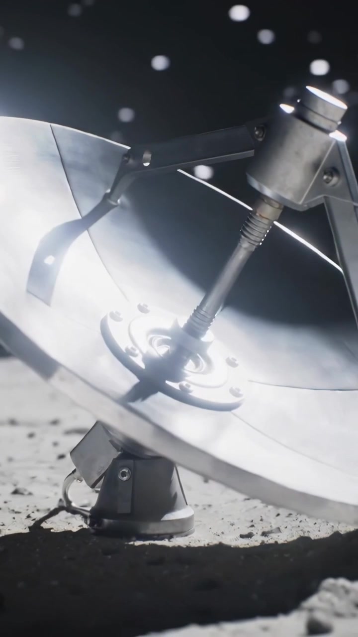 Vertical video: Activating actuator, metal dish pivoting on lunar surface, aiming at blue planet