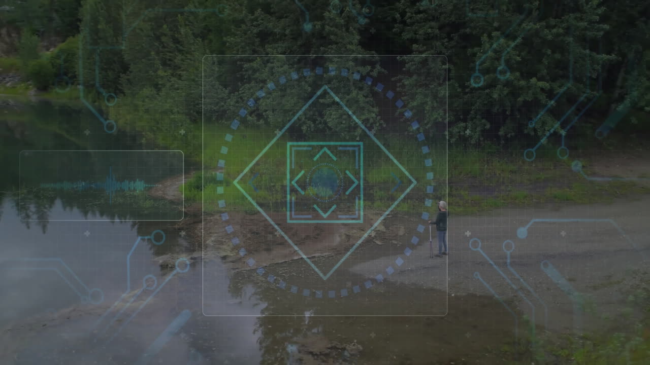 Woman researcher gathering environmental data on shore, displaying animated sensor readings chart