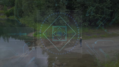 woman researcher gathering environmental data on shore, displaying animated sensor readings chart