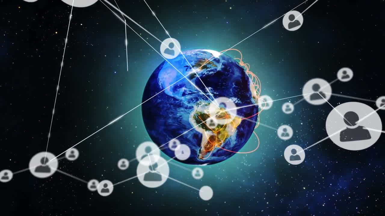 전 세계에 있는 선과 은하계에 있는 그리드 패턴을 연결하는 프로필 아이콘의 애니메이션