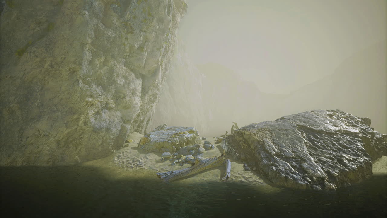 Rocky shoreline with fog and calm water at dawn near coastal cliffs