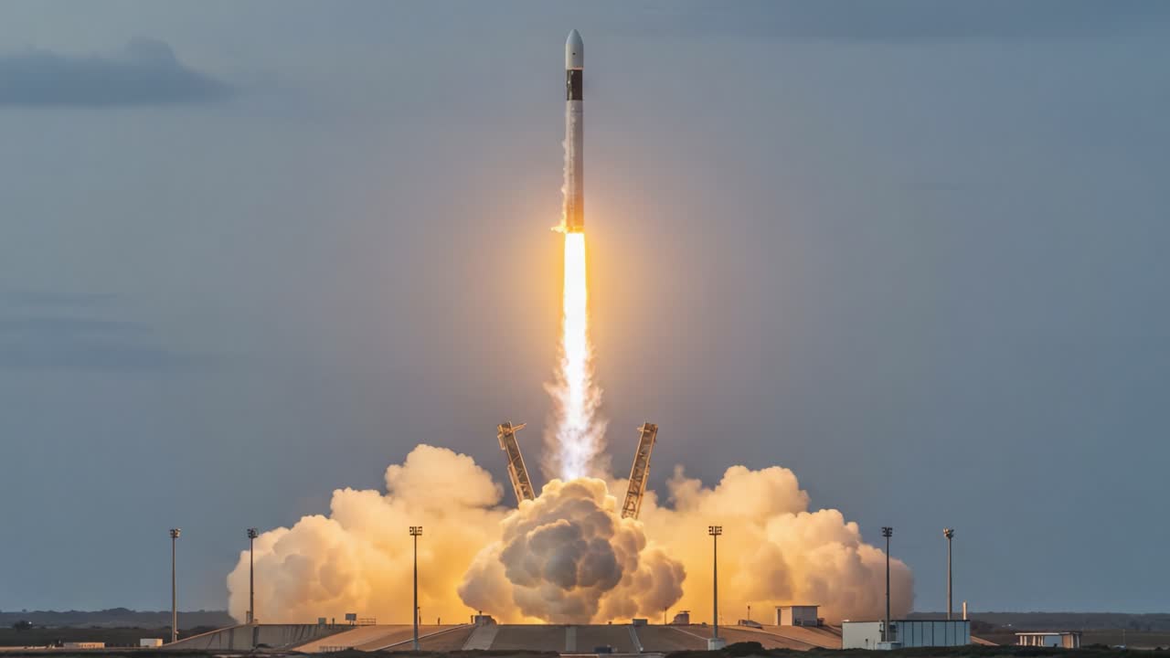 Spectacular Launch Sequence of a Rocket Igniting and Ascending Skyward with Vibrant Flames and Billowing Smoke Clouds, Capturing the Thrill of Space Exploration
