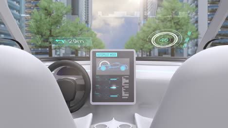 video game simulation screen showing car cockpit driving through city streets