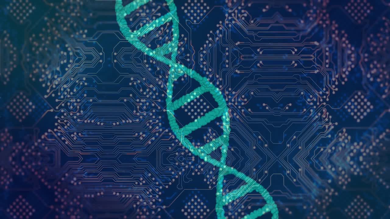 Animation of dna strand over computer circuit board on black background