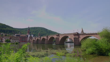 heidelberg view of karl-theodor-brücke bridge with heiliggeistkirche, river neckar, brückentor, bridge gate on a sunny day