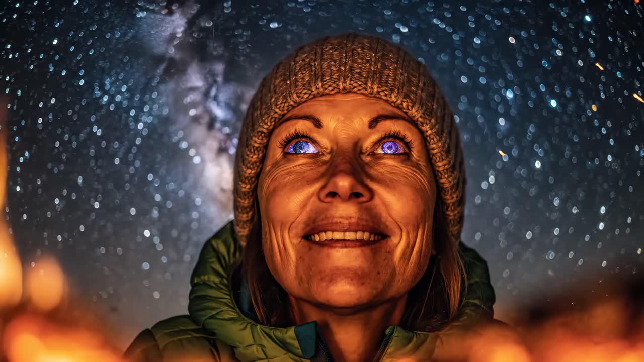 Woman Stargazing by Firelight