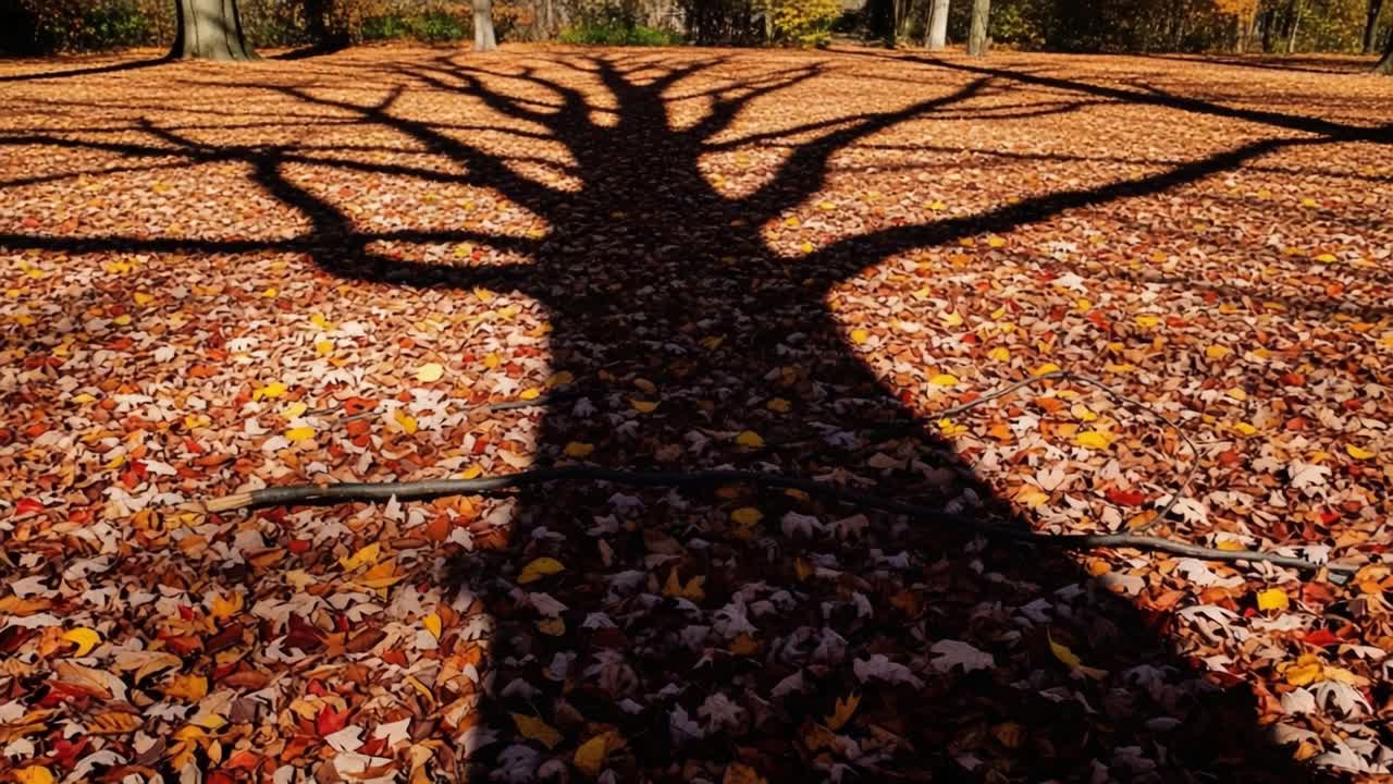 A Striking Autumn Scene Featuring the Majestic Shadow of a Leafless Tree on a Colorful Carpet of Fallen Leaves in a Serene Natural Setting