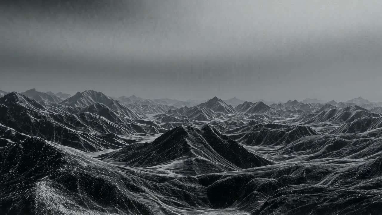 Whipping gusts stirring snow particles over mountain peaks then intensifying flurry before fading