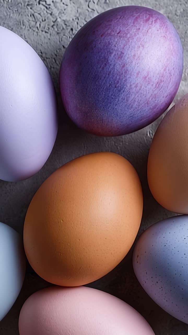 A Vibrant Collection of Decoratively Dyed Eggs in Various Colors Arranged on a Textured Surface, Showcasing Their Unique Hues and Finishes in a Close-Up View
