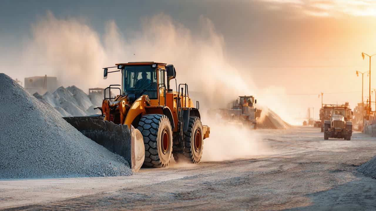 Dynamic Heavy Machinery at Sunset: Showcasing Construction Vehicles Operating on a Gravel Site with Dust Clouds Amidst a Beautiful Golden Horizon