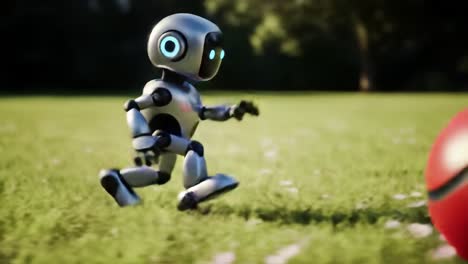 a playful robot engaging with a ball in a lush green field, showcasing advanced robotics and interaction with the outdoor environment