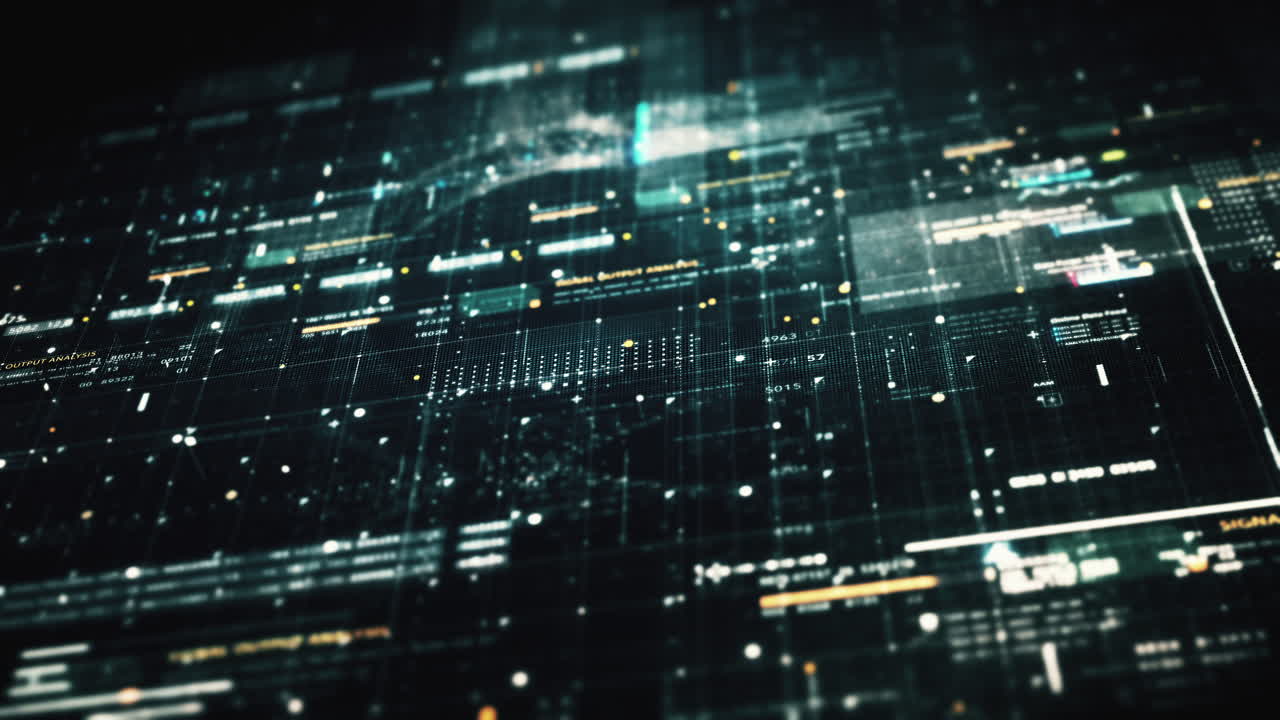 matriz de datos avanzada, telemetría y cifrado de números simulación de interfaz de usuario visualización en el ciberespacio abstracto entorno de desenfoco de fondo