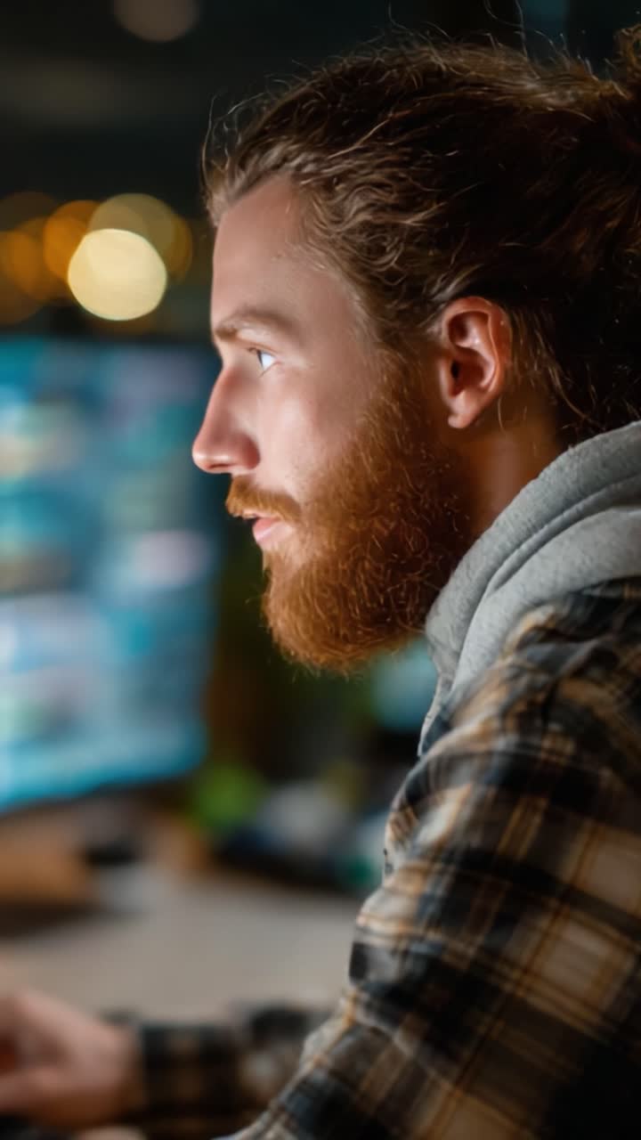 Focused Individual Concentrating on Digital Content with Warm Ambient Lighting in a Modern Workspace Setting, Enhancing Productivity and Creativity