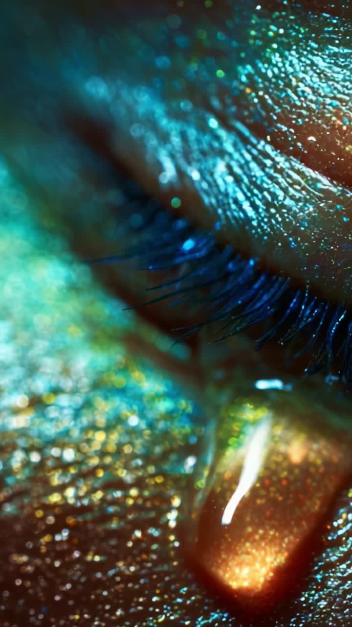 Close-up of a gleaming tear on a beautifully illuminated eye, showcasing intricate details and vivid colors that highlight emotional depth and artistic expression