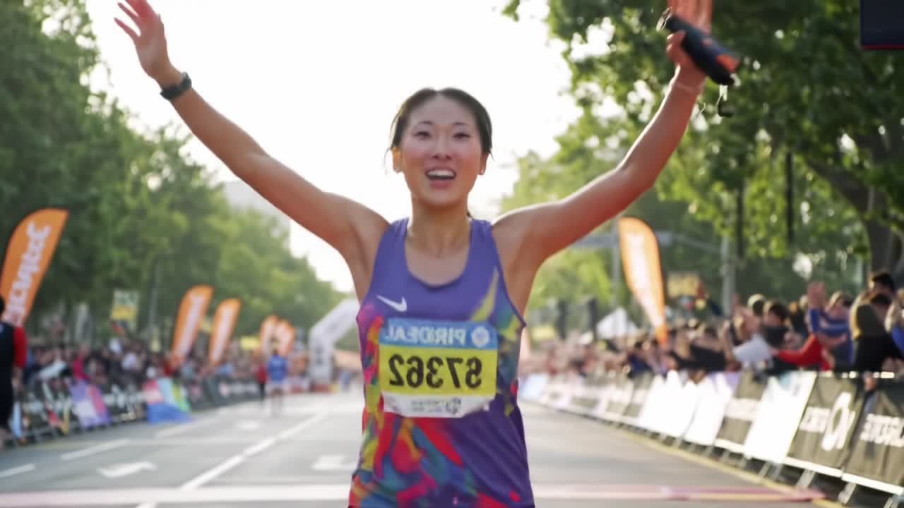 Runner Celebrates Victory at the Marathon Finish Line in a Vibrant City Event With Cheering Crowd