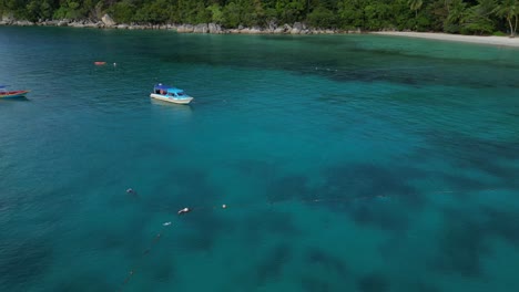 aerial view of tropical island beach with kayakers and boats