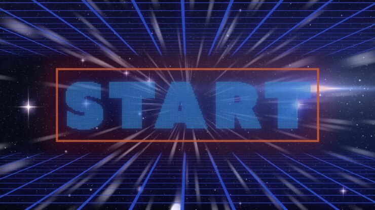 Animation of start text over neon lines and light trails background