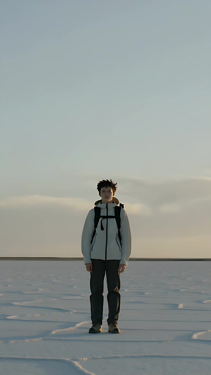 Vídeo vertical: Homem em pé de frente para a câmera em um salar, com a brisa movendo o cabelo, usando moletom com capuz e mochila.