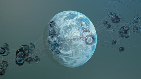 satélites conectados que orbitan la tierra, mostrando la animación de la red de comunicaciones global