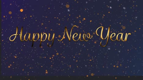 Animation-of-gold-text-happy-new-year,-with-confetti-and-orange-spots-of-light,-on-black