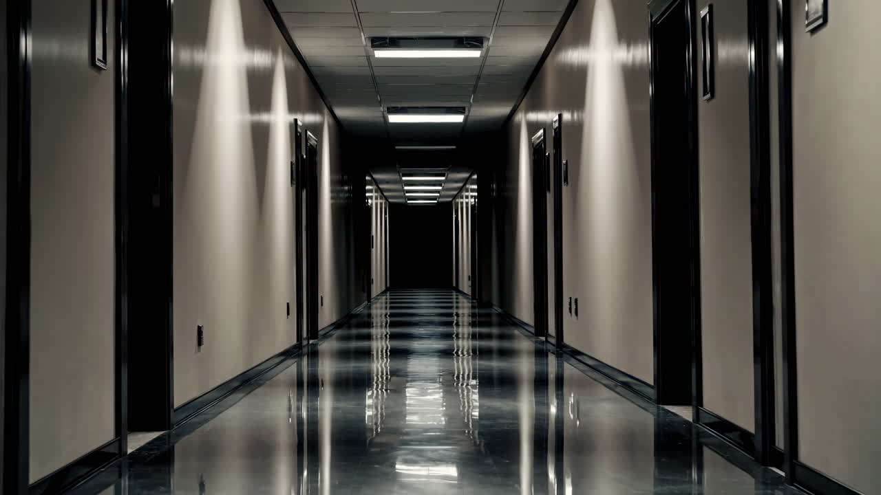 Un corridoio scarsamente illuminato e inquietante ripreso da una prospettiva dal basso, creando un video pieno di suspense
