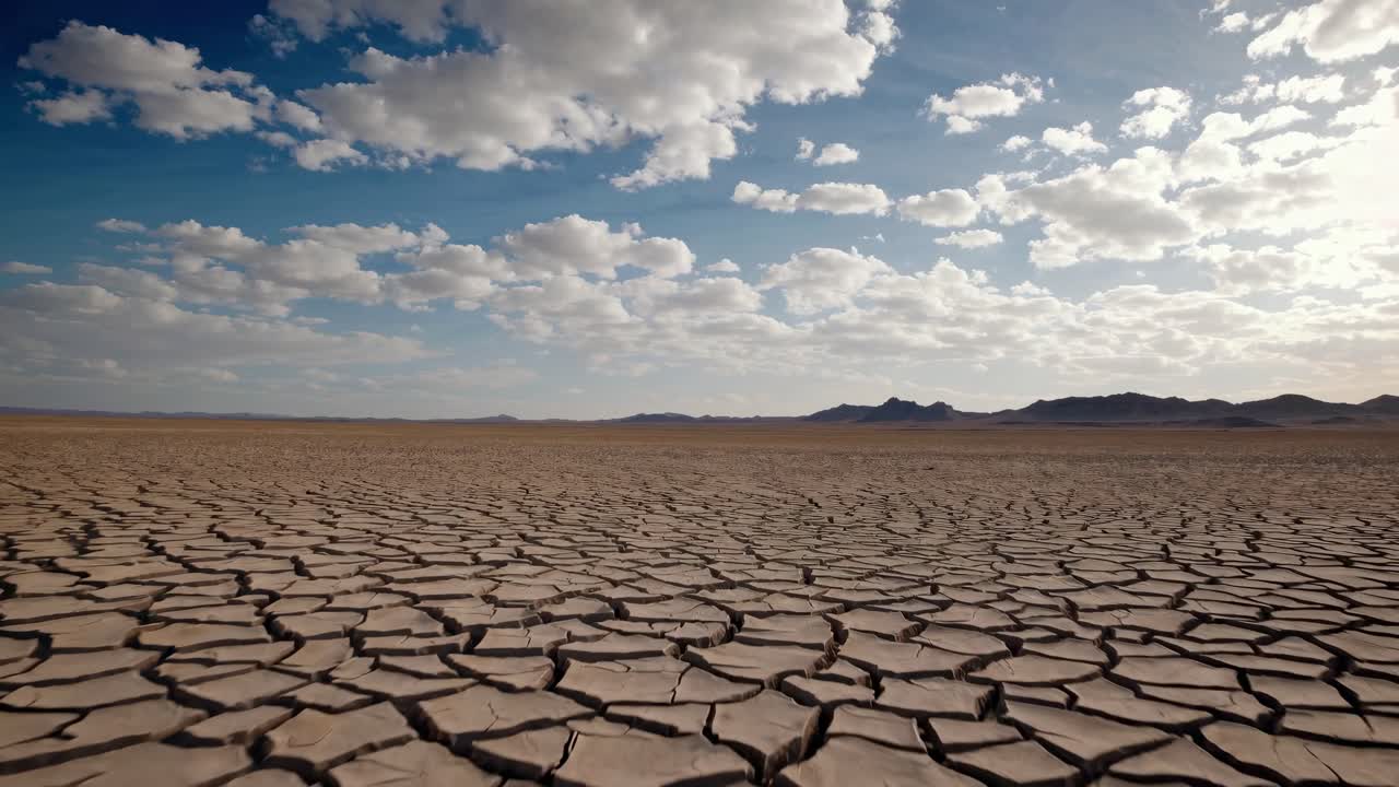 Aerial view of cracked, dry earth, highlighting drought effects