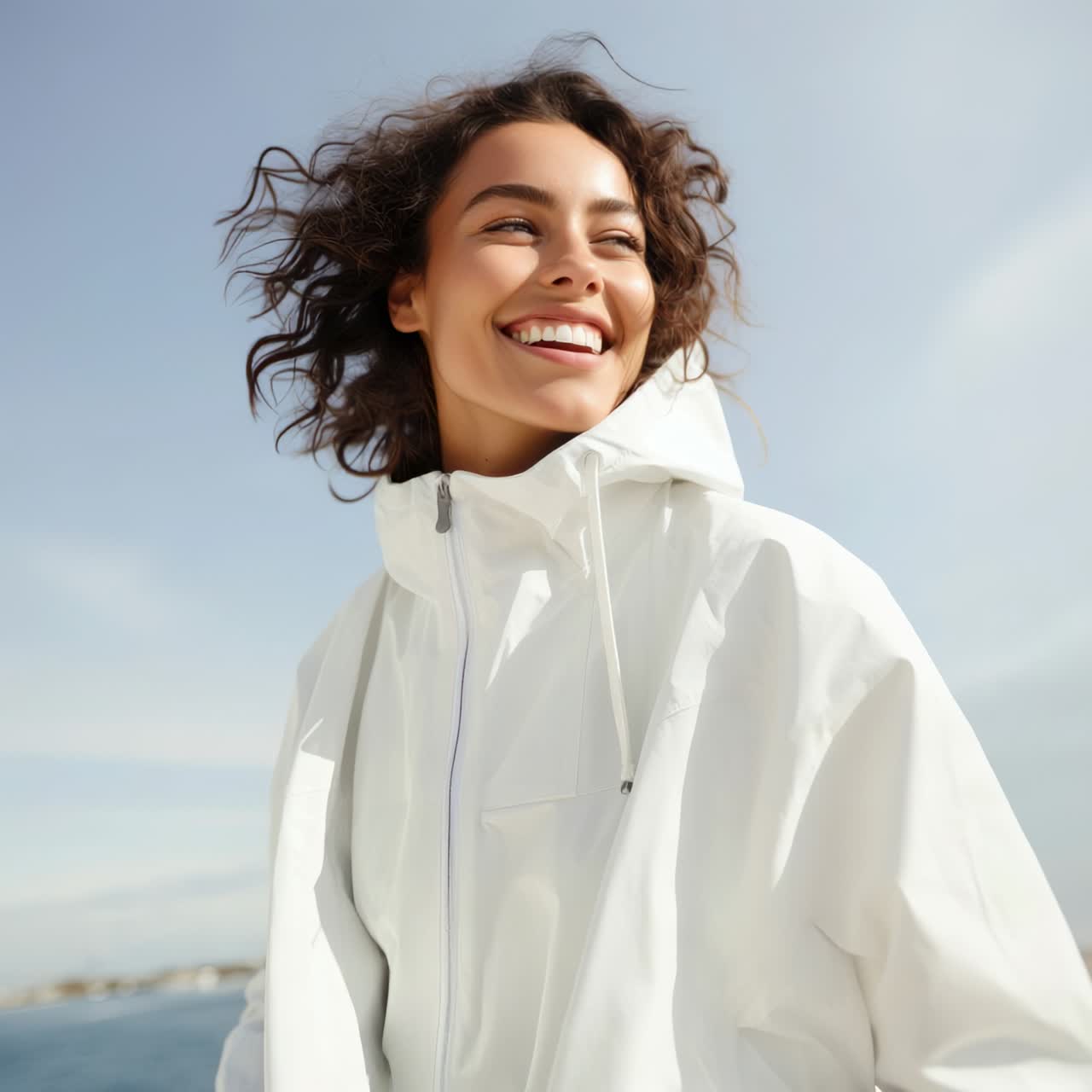 A vibrant video still of a smiling woman in a white jacket, captured from a low angle