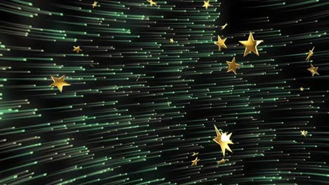 Animación-De-Estrellas-Doradas-Cayendo-Sobre-Puntos-De-Luz-Verdes-Brillantes