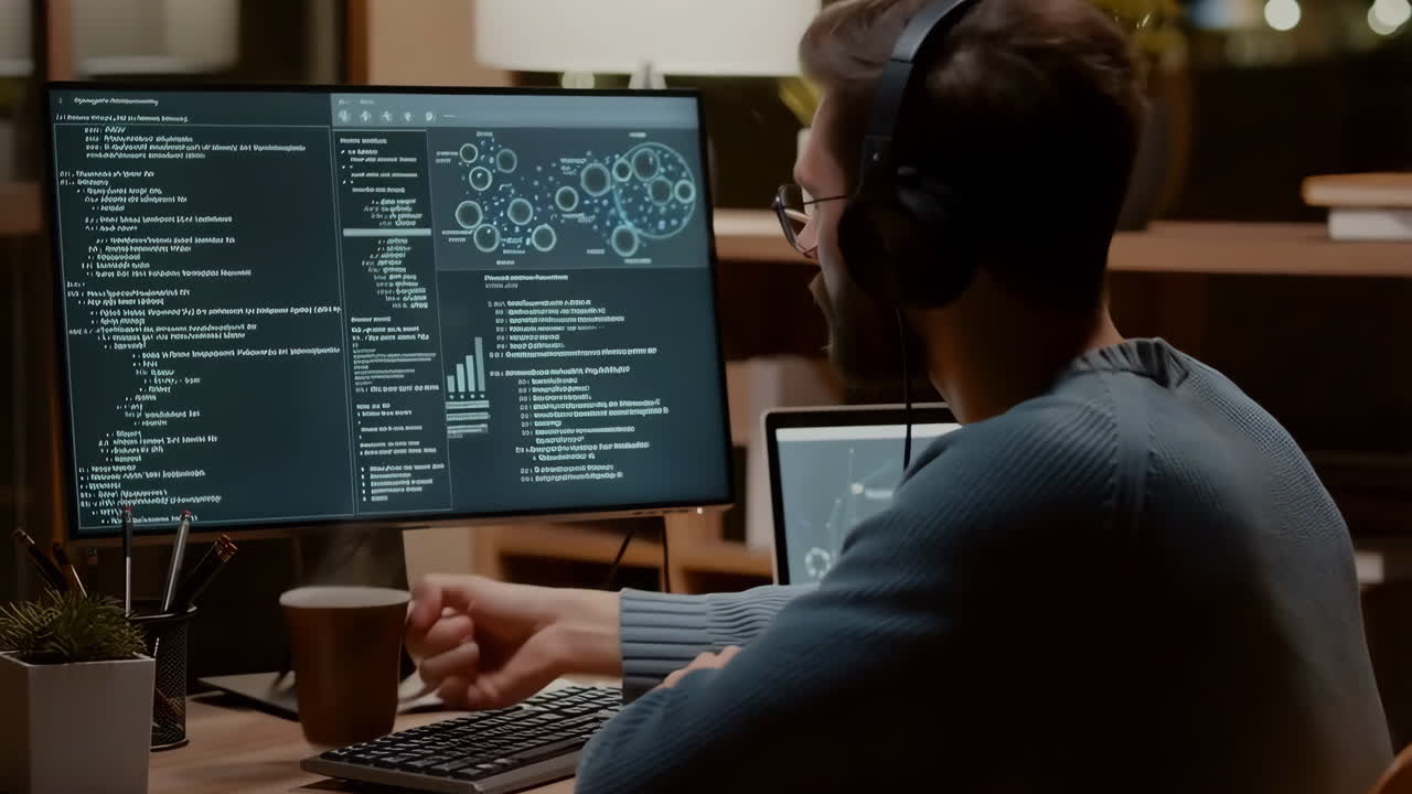 Software Developer Working on Computer with Headphones at Night