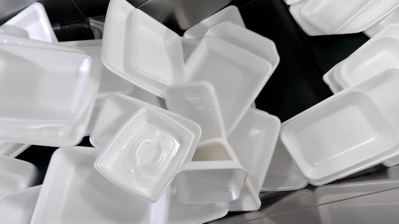 Used foam boxes undergo a cleaning process and are then moving along a conveyor belt.