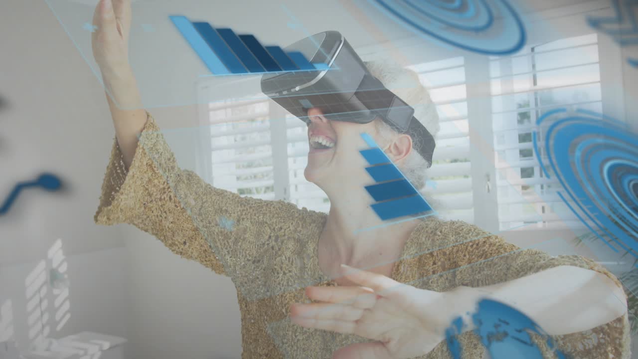 Mature woman placing VR headset and swiping bar charts, aligning holographic reticles for tech demo