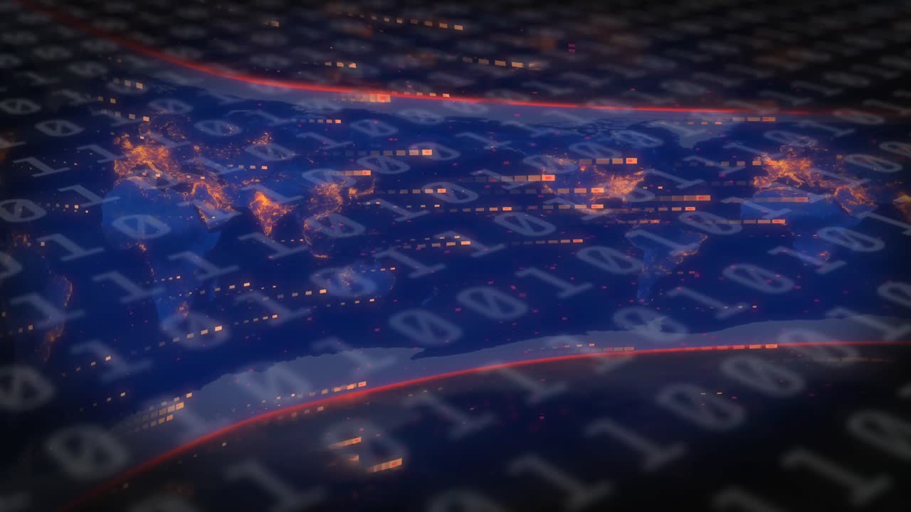 Animazione di elaborazione dati su mappamondo su sfondo nero