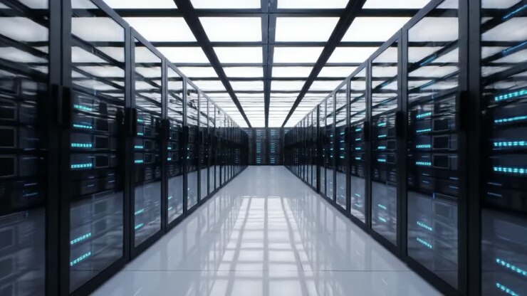 A Glimpse into a Modern Data Center with High-Tech Servers, Showcasing a Sleek, Streamlined Design and Advanced Technology Infrastructure for Data Management.