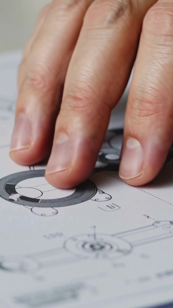 Vertical video: Approaching hand nudging ring into alignment on technical drawing, inspecting fit
