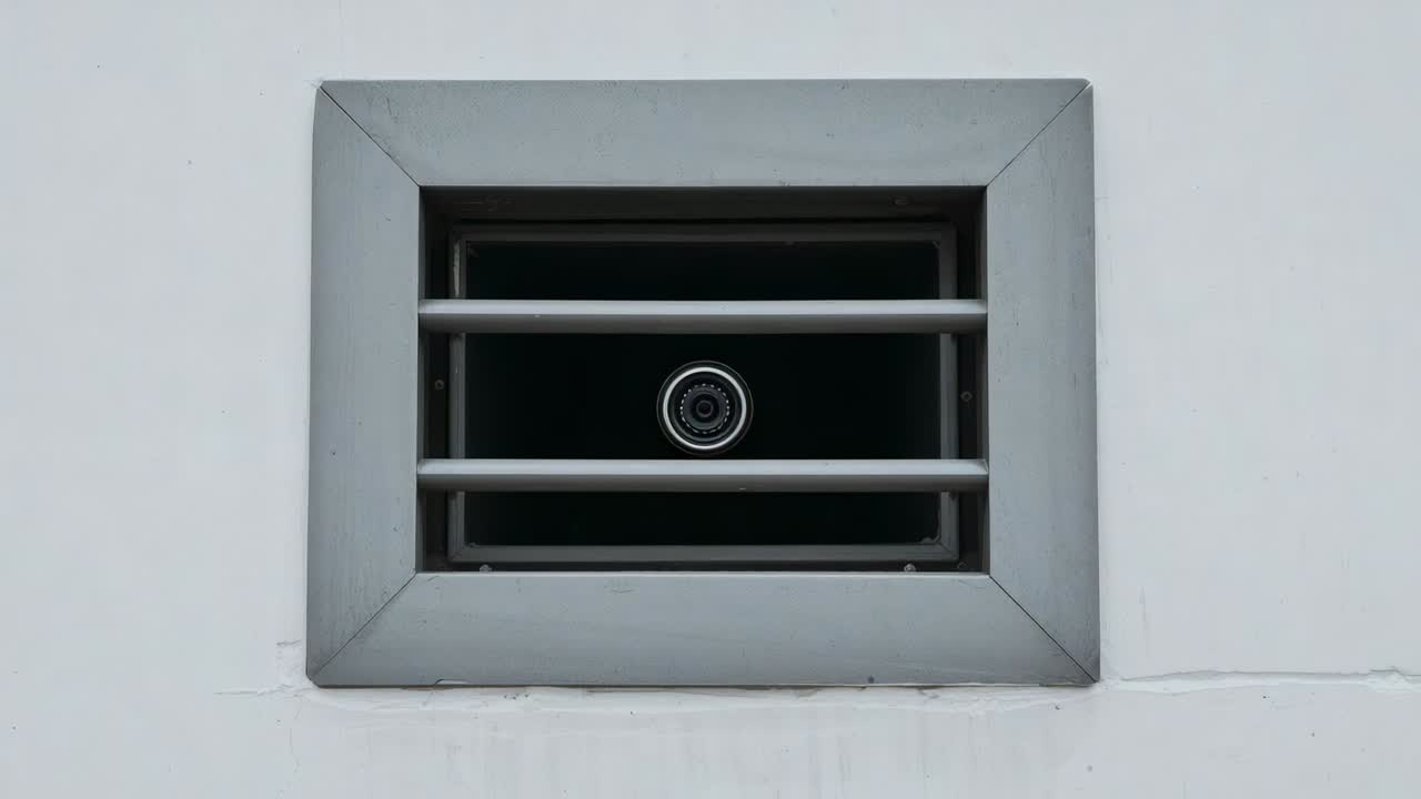 Zooming camera tightening framing on metal grille with three slats on white wall, revealing lens