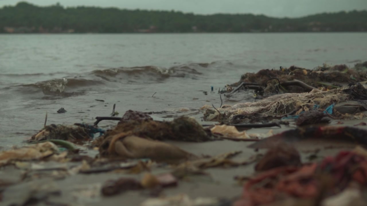 Ocean pollution with plastic waste. Sea beach with ecological garbage. The global problem of the death of marine plants and animals.