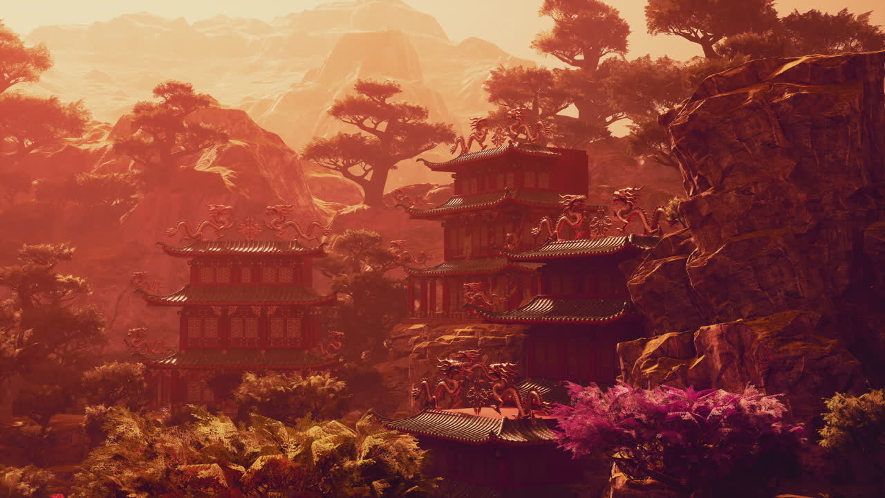 Stunning asian temple nestled in the mountains surrounded by vibrant flora
